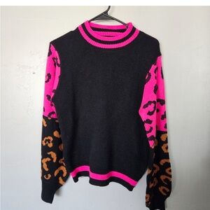 Jodifl NWT Women's Small Black Pink Orange Leopard Print Sweater Pullover Girly